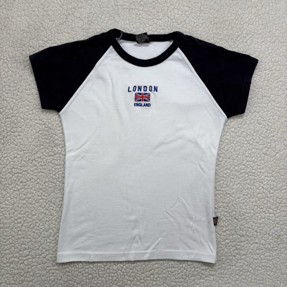 Vintage Y2K London England Flag Sporty Baby‎ Tee Raglan T-Shirt Womens Top GWCC